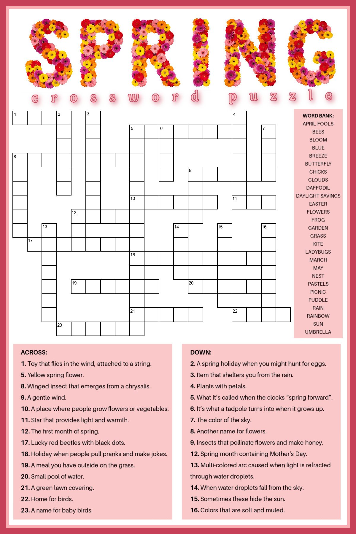 free spring crossword puzzle printable - answer key included